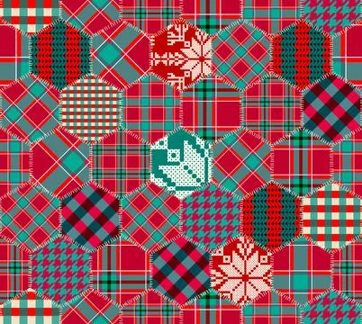 Seamless background pattern. Christmas cozy Patchwork pattern. Christmas red  Stock Illustration