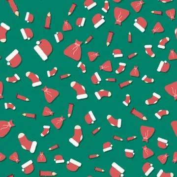 Seamless background pattern from Christmas hats and socks. Decorated with gifts Stock Illustration