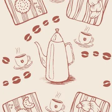 Seamless background pattern with coffee beans and cups. Vector illustration 스톡 일러스트