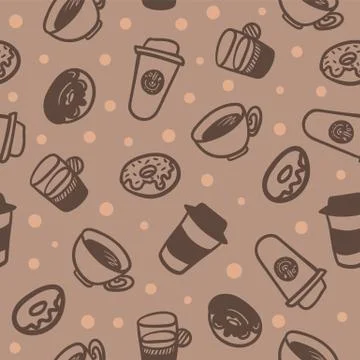 Seamless background with a pattern of a cups of coffee and delicious donuts. Illustrazione stock