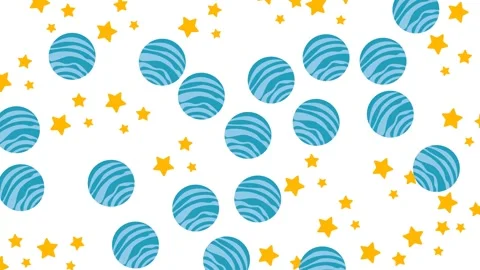 Seamless background pattern of cute blue striped planets and yellow stars on Video stock 346186200