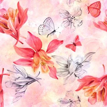 Seamless background pattern with drawings of fuchsia flowers and Stock Illustration
