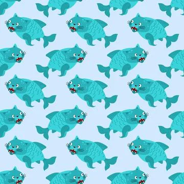 Seamless background pattern featuring whimsical stylized fish with cat head.. Stock Illustration