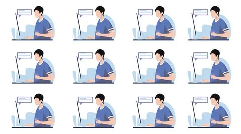 Seamless background pattern of office worker character with computer and having Illustrazione stock
