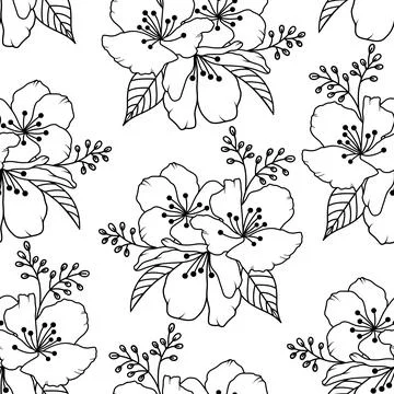 Seamless background pattern of outline sakura blossom. Stock Illustration