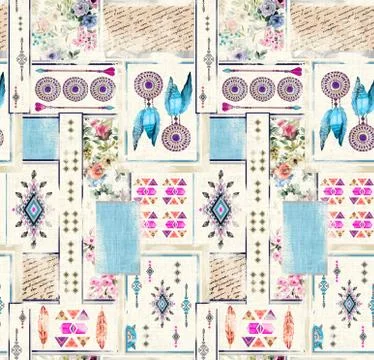 Seamless background pattern. Patchwork pattern with flowers. Ethnic indian style Stock Illustration