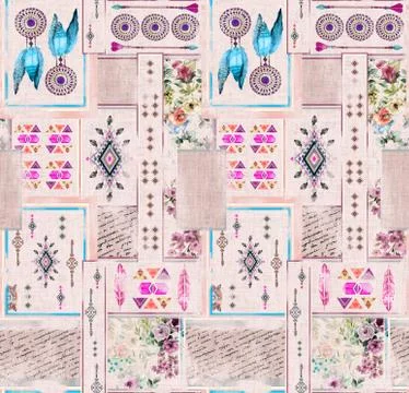 Seamless background pattern. Patchwork pattern with flowers. Ethnic indian style Stock Illustration