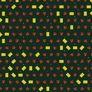 Seamless background pattern with red hearts and yellow envelopes on green b.. Stock Illustration