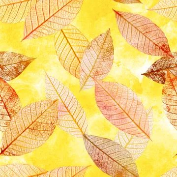 Seamless background pattern of skeleton leaves on golden waterco Stock Illustration