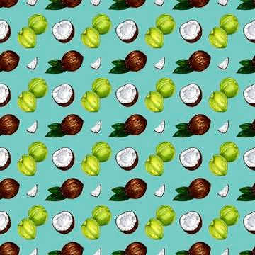 Seamless background with a pattern of sliced coconut and green fruit. Foto stock