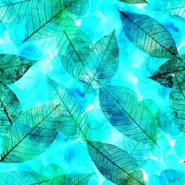 Seamless background pattern of teal skeleton leaves Illustrazione stock