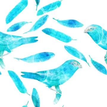 Seamless background pattern with teal watercolor bird and feathe Stock Illustration