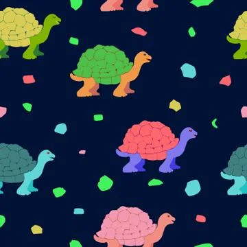 Seamless background, pattern with turtles on a dark blue background. This pat 스톡 일러스트