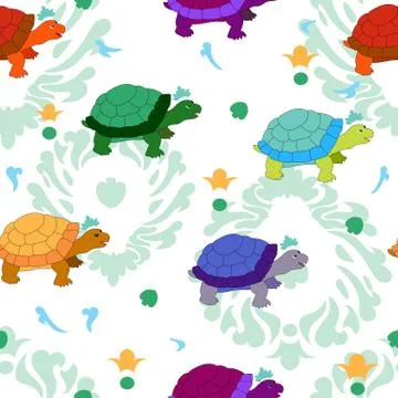 Seamless background, pattern with turtles on a white background with blue pat Stock Illustration