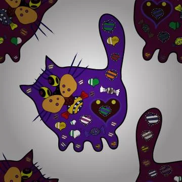 Seamless background pattern. Vector - stock. Doodles cat are kitty on purple, wh Illustration