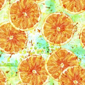 A seamless background pattern with vibrant hand drawn watercolour orages, Stock Illustration