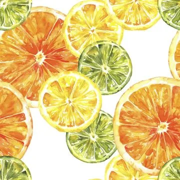 A seamless background pattern with vibrant hand drawn watercolour lemons, Stock Photos