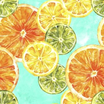 A seamless background pattern with vibrant hand drawn watercolour lemons, Stock Photos