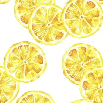 A seamless background pattern with vibrant hand drawn watercolour lemons, Stock Photos
