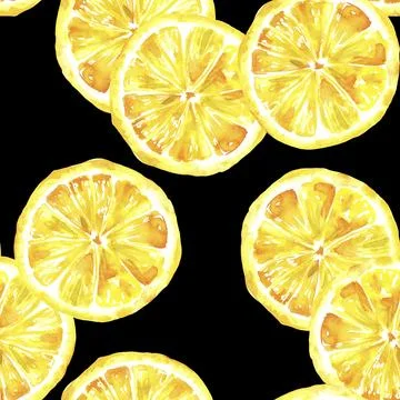A seamless background pattern with vibrant hand drawn watercolour lemons, Stock Photos