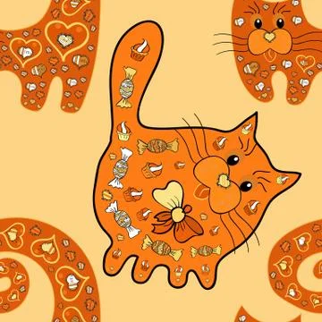 Seamless background pattern. Watercolor, hand drawn. Vector - stock. Doodles cat Stock Illustration