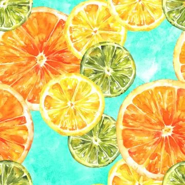 A seamless background pattern with watercolour lemons, oranges, and limes on Stock Illustration