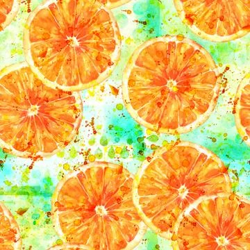 A seamless background pattern with watercolour oranges and splashes Stock Illustration