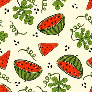 Seamless background pattern watermelons and leaves in vibrant colors Stock Illustration