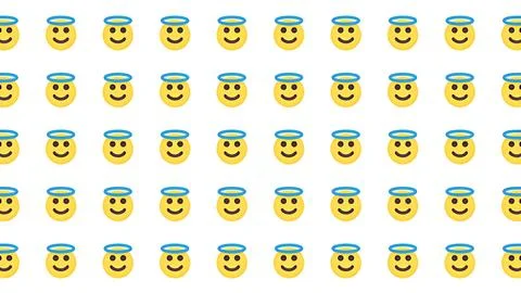 Seamless Background Pattern of Yellow Smiling Face Angel Emojis with Blue H.. Ilustración de archivo