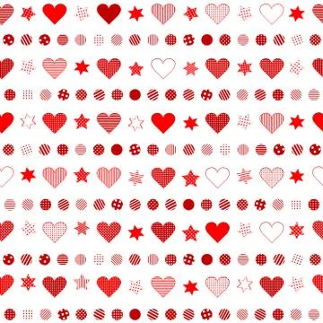 Seamless background with patterned hearts, dots and stars Stock Illustration