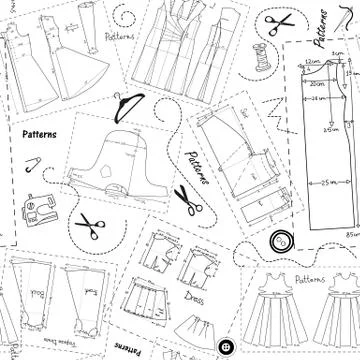 Seamless background with patterns of women clothes and elements of sewing Illustrazione stock