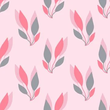Seamless background with pink and grey leave doodles, mint green background. Stock Illustration