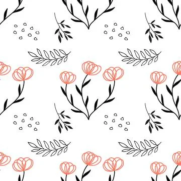 Seamless background with pink and grey flower and leave doodles, white backgr Stock Illustration