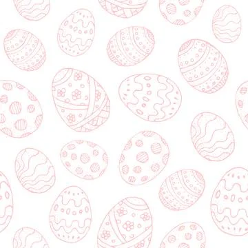 Seamless background with pink contour Easter eggs on a white background Stock Illustration