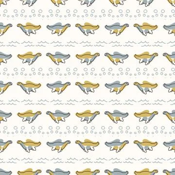 Seamless background Plesiosaurus dinosaur with wave gender neutral baby pattern Stock Illustration