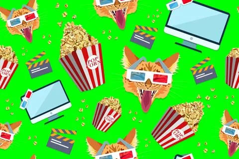 Seamless background with popcorn, clapperboard, computer and cat in 3d glasses Illustrazione stock