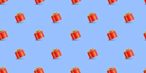 Seamless background with red gift boxes with golden bow. 3d vector seamless p Stock Illustration