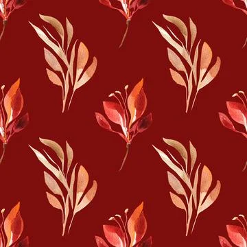 Seamless background with red leave doodles, maroon red background. Luxury pat Stock Illustration