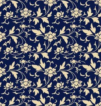 Seamless background retro navy blue botanic garden flower vine chintz イラスト素材