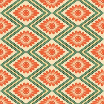 Seamless background retro rhomb check sawtooth cross frame orange flower イラスト素材