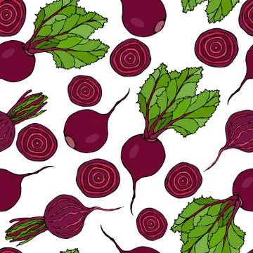 Seamless Background of Ripe Beets. Endless Pattern of Beetroot with Top Leave 스톡 일러스트