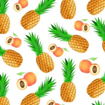 Seamless background with ripe pineapples and peaches Stock Illustration