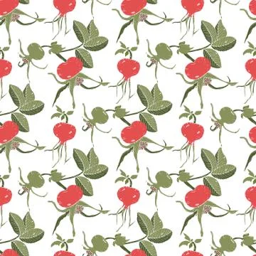 Seamless background with rosehip branches, red and green rosehip berries and Illustrazione stock