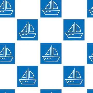 Seamless background with sailing ships, blue squares . Hand drawn illustratio Stock Illustration