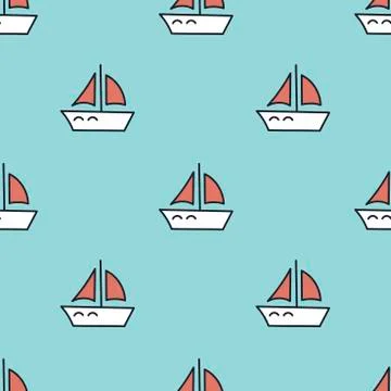 Seamless background with sailing ships, red sails . Hand-drawn illustration Stock Illustration