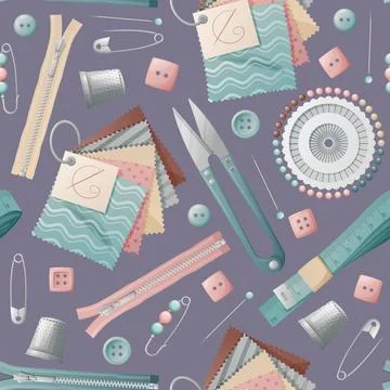 Seamless background with seamstress tools. Texture with scissors, pins, threa Illustrazione stock