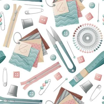 Seamless background with seamstress tools. Texture with scissors, pins, threa Illustrazione stock