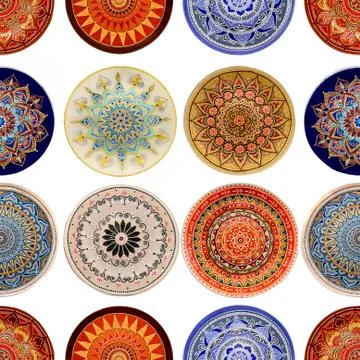 Seamless background from a set of decorative ceramic dishes hand-painted with Stock-Fotos