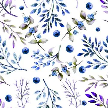 Seamless background. Set of flower branches, berries, leaves. Watercolor Stock Illustration