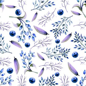 Seamless background. Set of flower branches, berries, leaves. Watercolor Stock Illustration